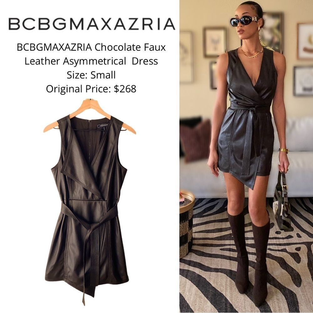 BCBGMAXAZRIA Chocolate Faux Leather Asymmetrical  Dress